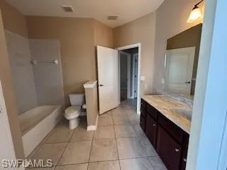 Bathroom with visible vents, toilet, vanity, shower / tub combination, and tile patterned flooring