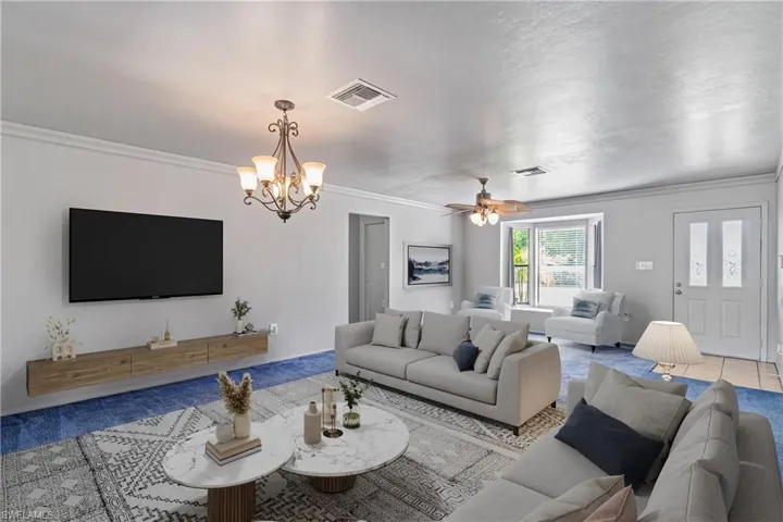 Room has been virtually staged to showcase potential furniture design layout.