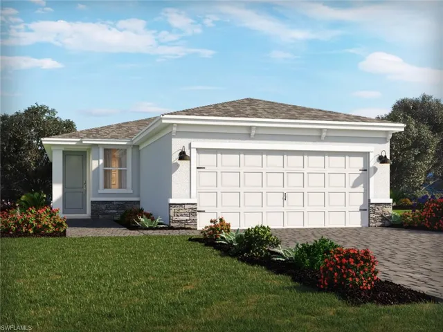 Single story home with a garage and a front yard