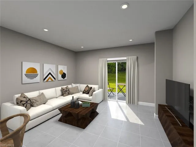 Living room featuring light tile patterned floors