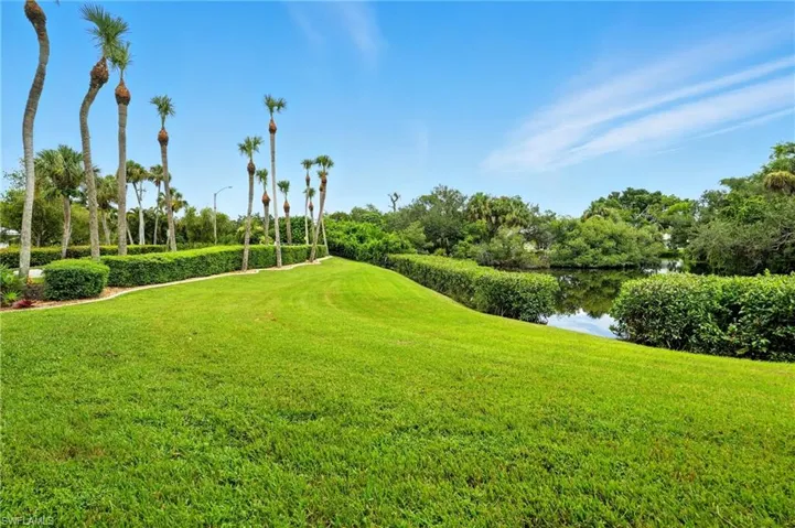 Surrounding community featuring a water view, view of scattered trees, and a yard