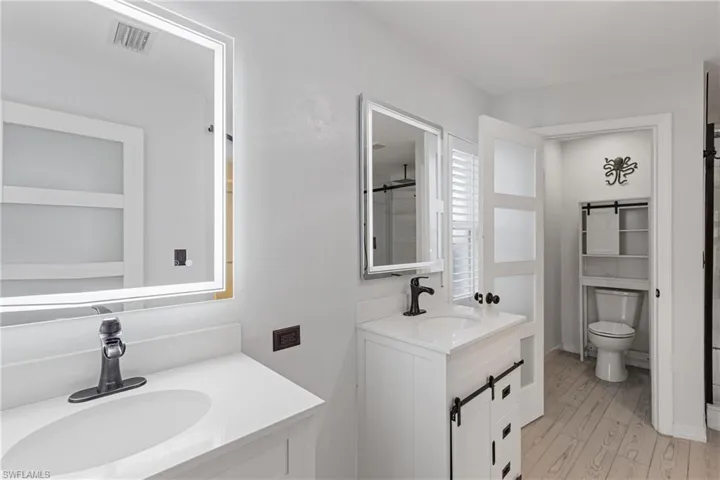 Bathroom featuring vanity, toilet, wood-type flooring, and walk in shower