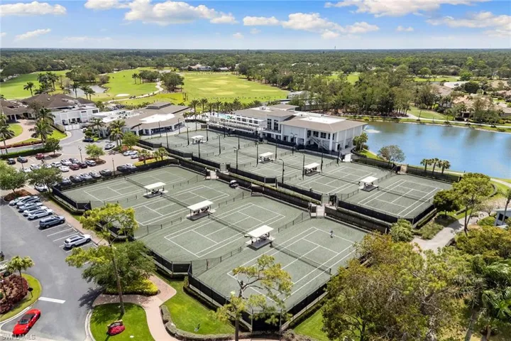 Aerial view of a golf club and a nearby body of water