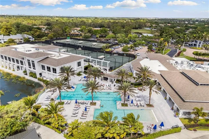 Aerial view of a pool and a large body of water
