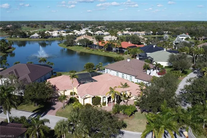 Aerial perspective of suburban area featuring a nearby body of water