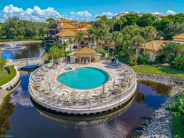 Community pool surrounded by a moat