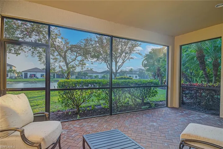 Screened porch with a water view
