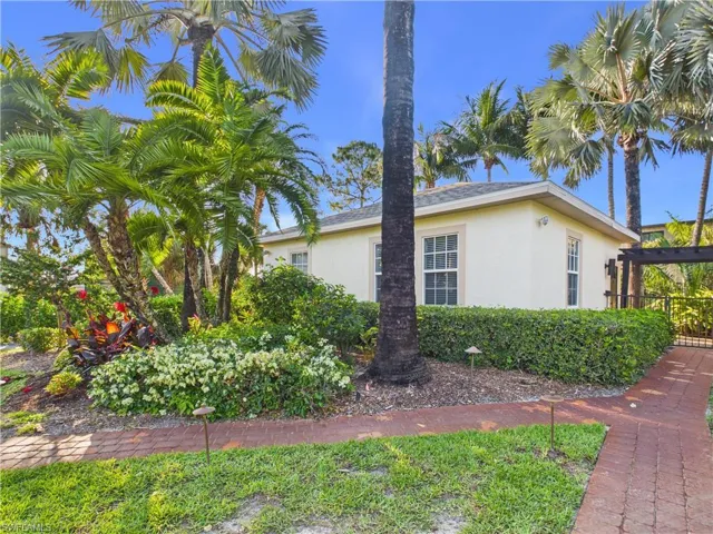 Lush landscaping featuring various palm trees and vibrant foliage