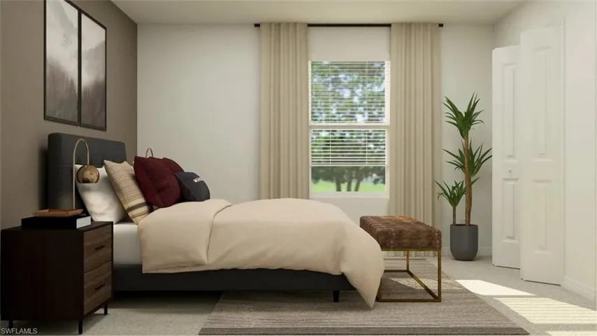 Carpeted bedroom featuring a large window with blinds and drapes, a closet with bi-fold doors, and a partial accent wall