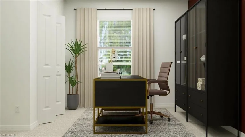Bright room featuring a window with blinds and drapes