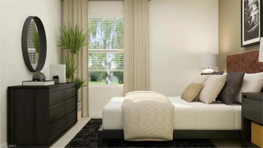 Spacious bedroom featuring light-toned walls, a large window with blinds and drapes, and dark wood-finish flooring