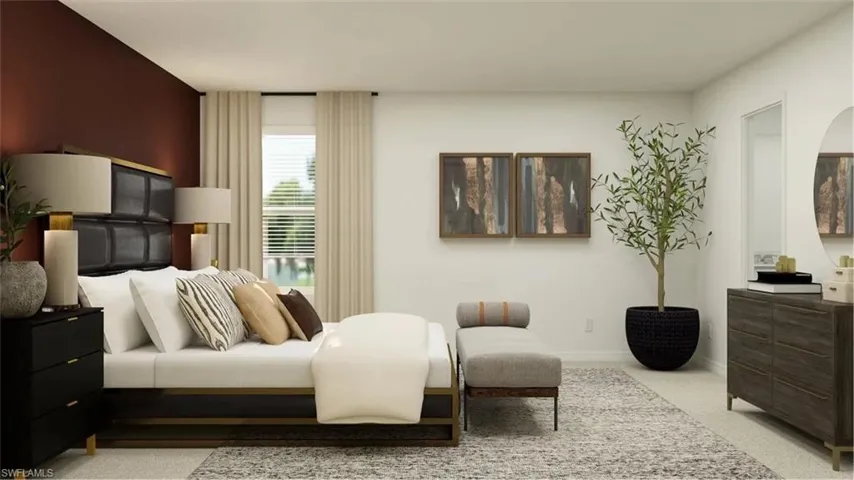 Spacious bedroom featuring an accent wall, window with horizontal blinds and drapes, light-toned wall paint, and carpet flooring