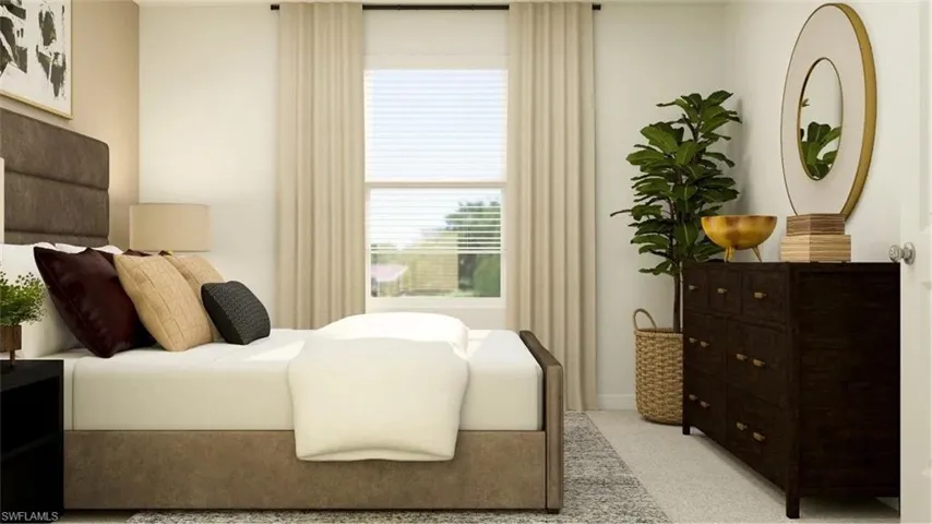Bright bedroom featuring a large window with blinds and drapes, light-colored walls, and a soft-toned area rug