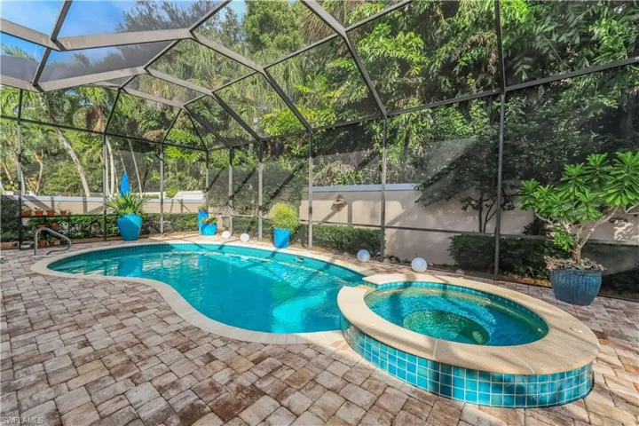 Screened outdoor area featuring a freeform pool, integrated spa with blue tile accents, and paver decking