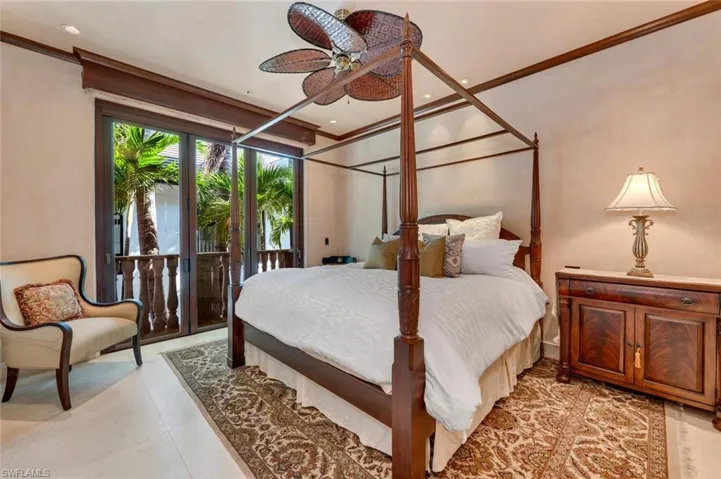 Bedroom with ornamental molding, recessed lighting, access to exterior, and a ceiling fan
