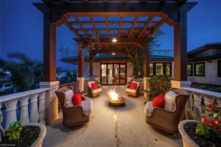 View of patio with an outdoor fire pit, a pergola, and french doors
