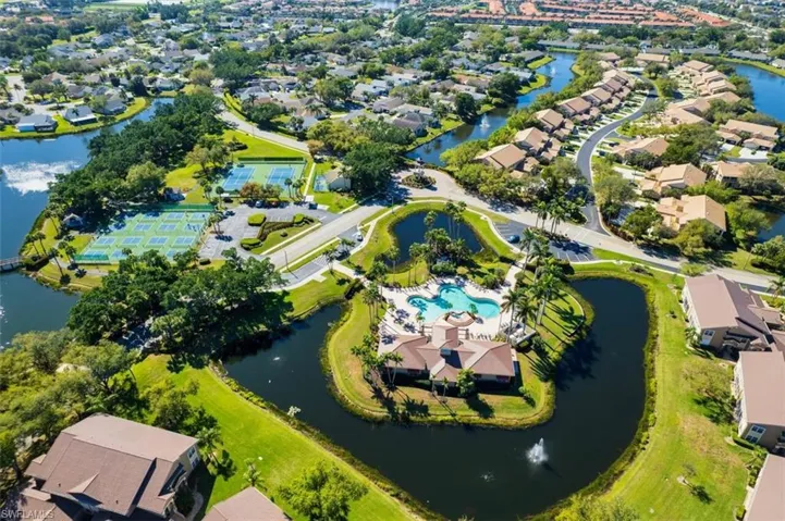 Aerial view with a residential view and a water view