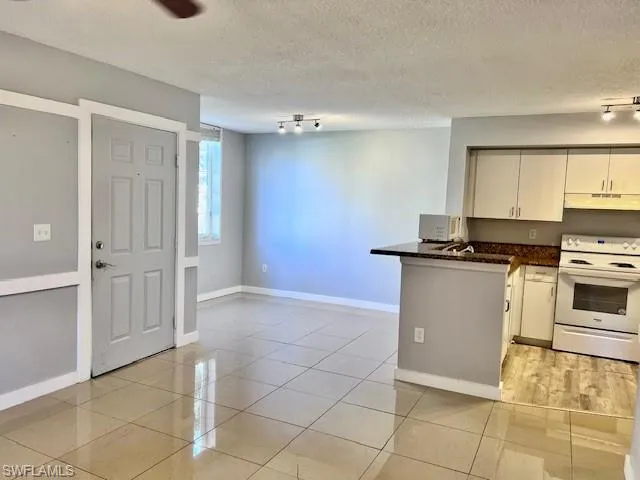 Kitchen featuring white electric range oven, under cabinet range hood, a peninsula, track lighting, and dark countertops