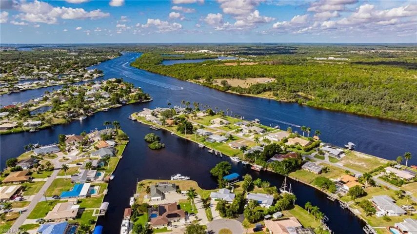 Aerial view of residential area featuring a nearby body of water and a forest