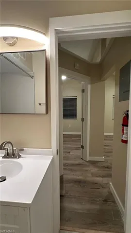 Bathroom featuring wood-type flooring and sink
