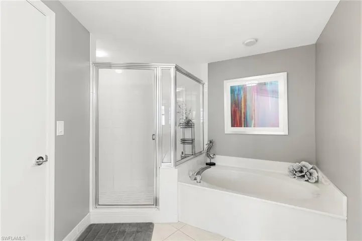 Bathroom with separate shower and tub and tile patterned flooring