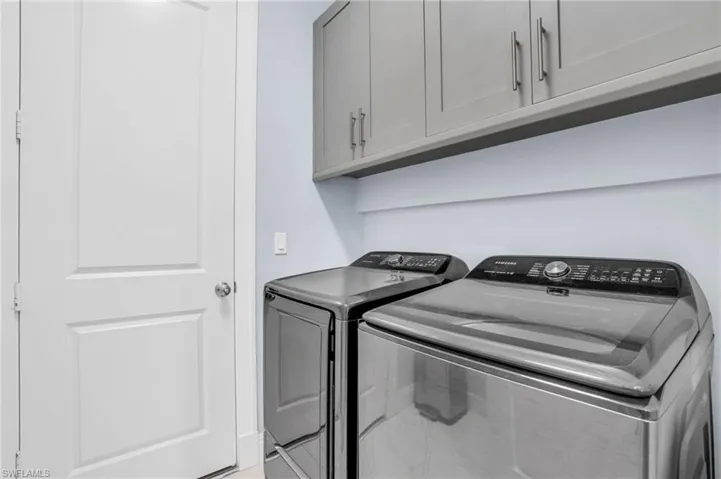 Laundry room featuring separate washer and dryer and cabinets