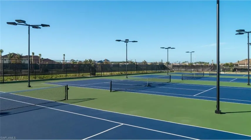 Multiple outdoor tennis courts with blue and green surfaces