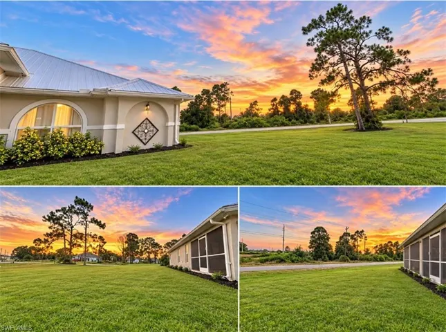 Property Exterior. Depicting the property from multiple exterior perspectives, including the front facade, surrounding landscape, and adjacent structures, under a sunset sky