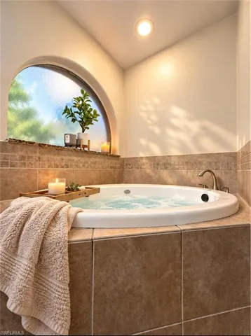 Built-in jetted tub with tile surround, arched window, and recessed lighting