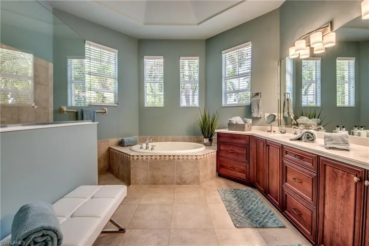 Full bath featuring double vanity, a walk in shower, a garden tub, and plenty of natural light