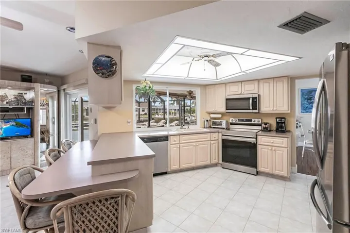 Kitchen with stainless steel appliances, a healthy amount of sunlight, sink, kitchen peninsula, and ceiling fan