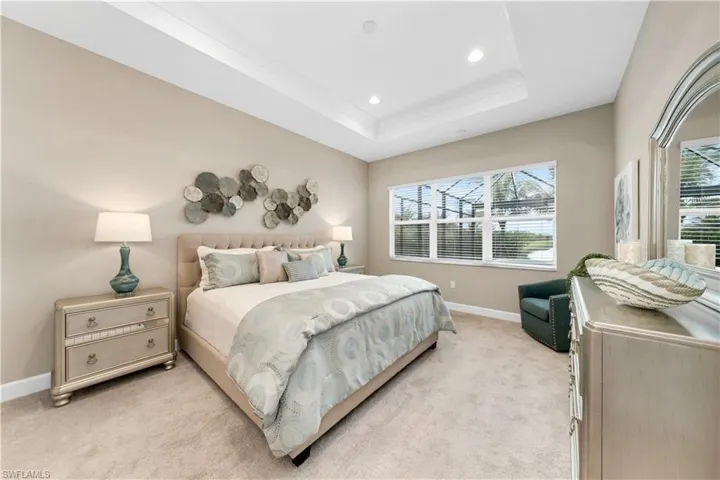 Carpeted bedroom featuring a raised ceiling and multiple windows