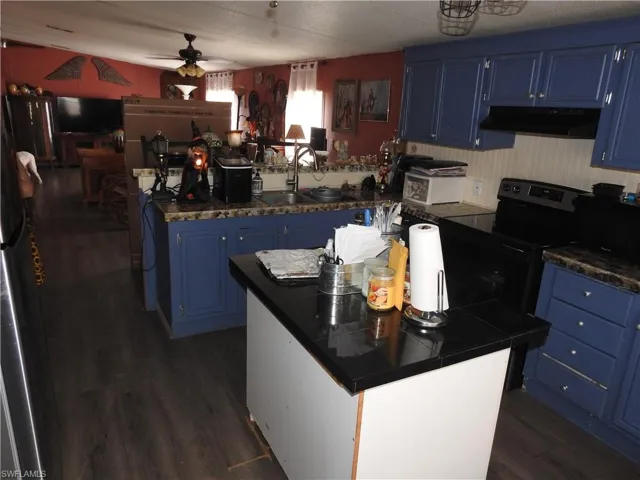 Kitchen featuring blue cabinetry, dark hardwood / wood-style floors, and sink