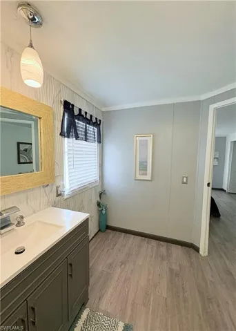 Bathroom with vanity, light wood finished floors, and ornamental molding