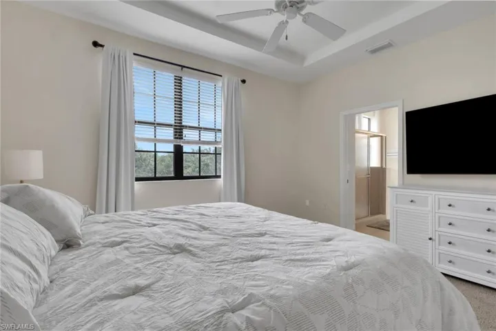 Tray ceiling, ceiling fan, and window with black-framed panes