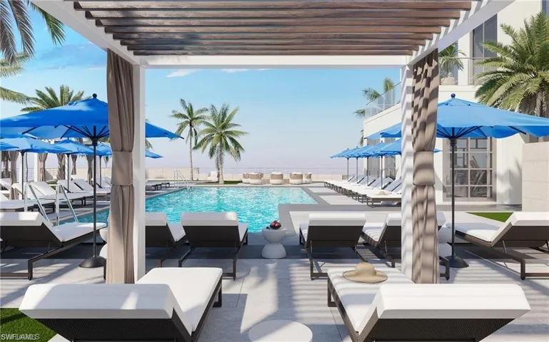 Community pool featuring a pergola, outdoor lounge area, and a patio