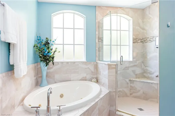 Full bathroom featuring a shower stall, a whirlpool tub, and plenty of natural light