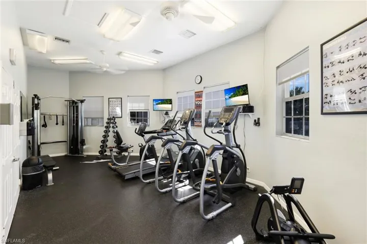 Exercise room with visible vents and a ceiling fan