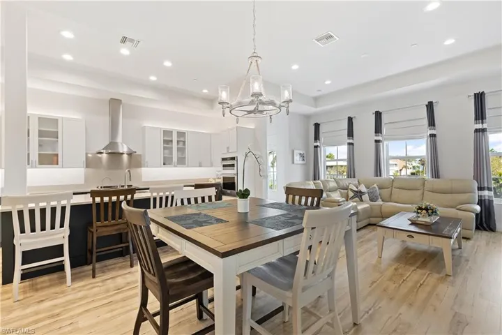 The great room includes dining space