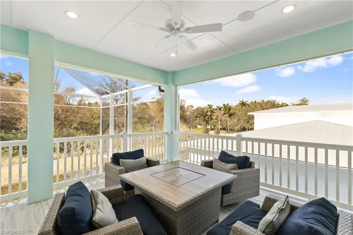 This screened in lanai area overlooks the pool