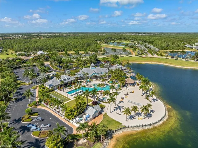 Bird's eye view of a pool and a large body of water
