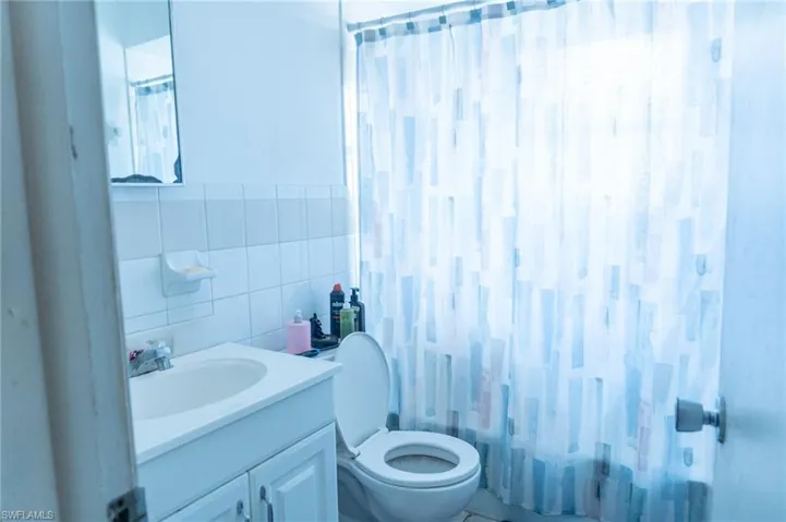 Full bathroom featuring vanity, tile walls, and a shower with curtain