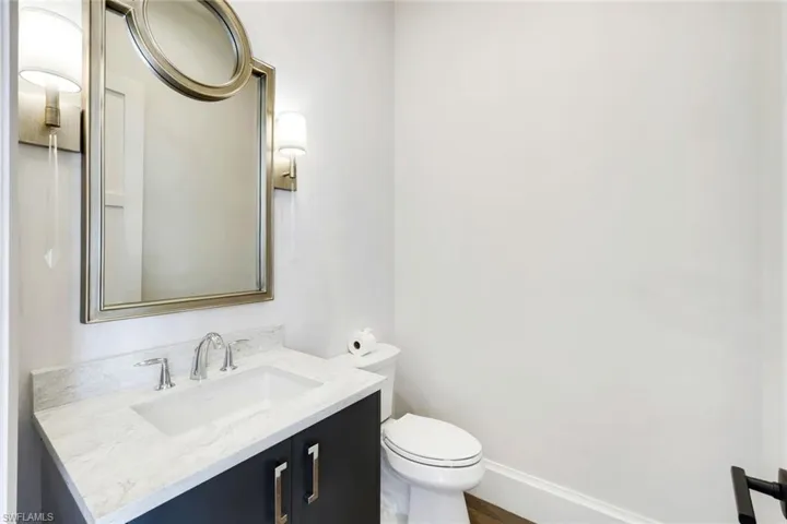 Half bath featuring vanity and toilet