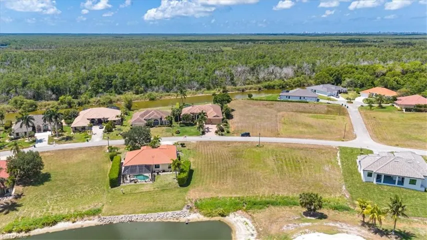 Drone / aerial view of a forest and a large body of water