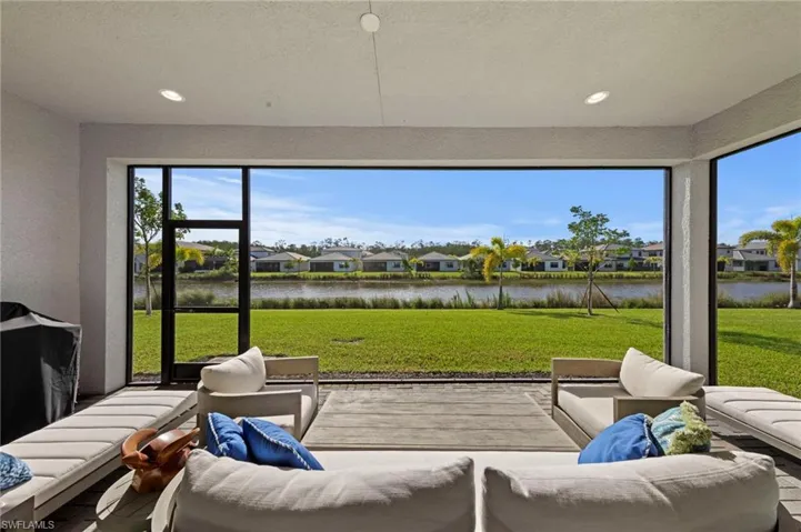 View of patio with a water view