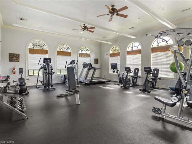 Gym featuring crown molding and ceiling fan