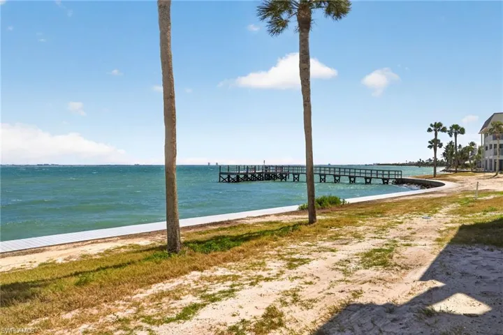 Waterfront property featuring a private pier and mature palm trees