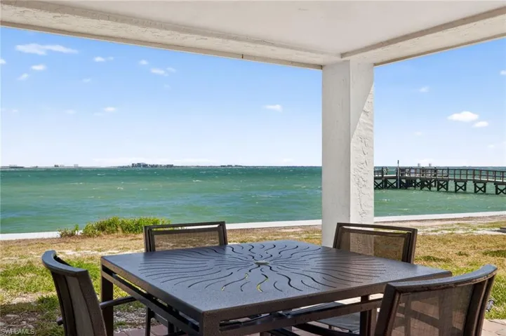 Covered patio featuring a water frontage and a distant pier structure