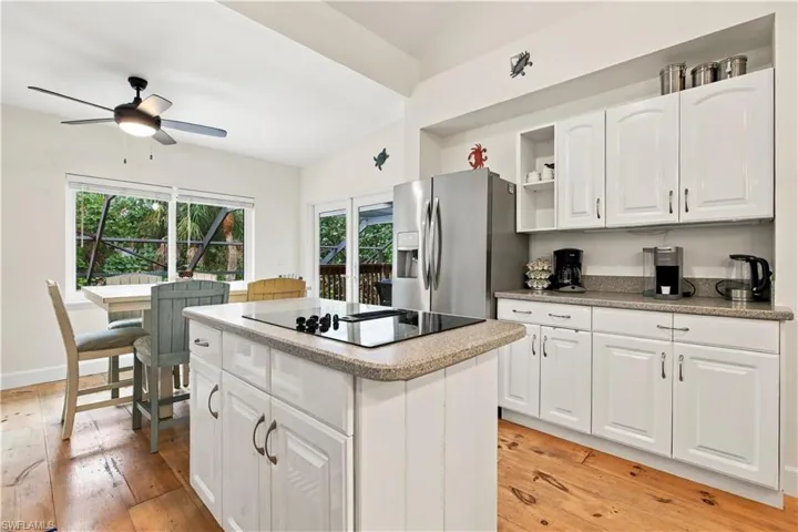 Hardwood flooring, recessed lighting, built-in shelving, ceiling fans, and a white paneled door