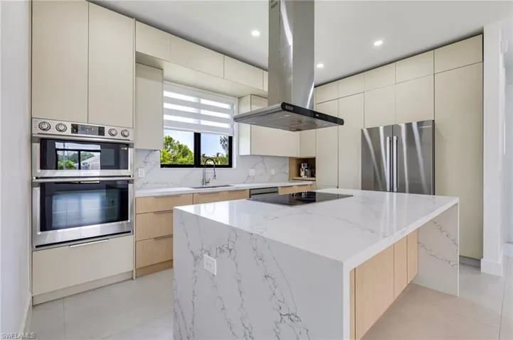 Kitchen with stainless steel appliances, island exhaust hood, a sink, modern cabinets, and backsplash
